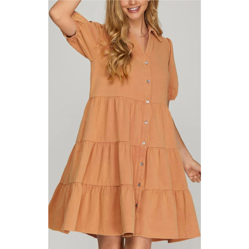 NWT SHE+SKY womens sz Medium beige button down tiered dress pockets